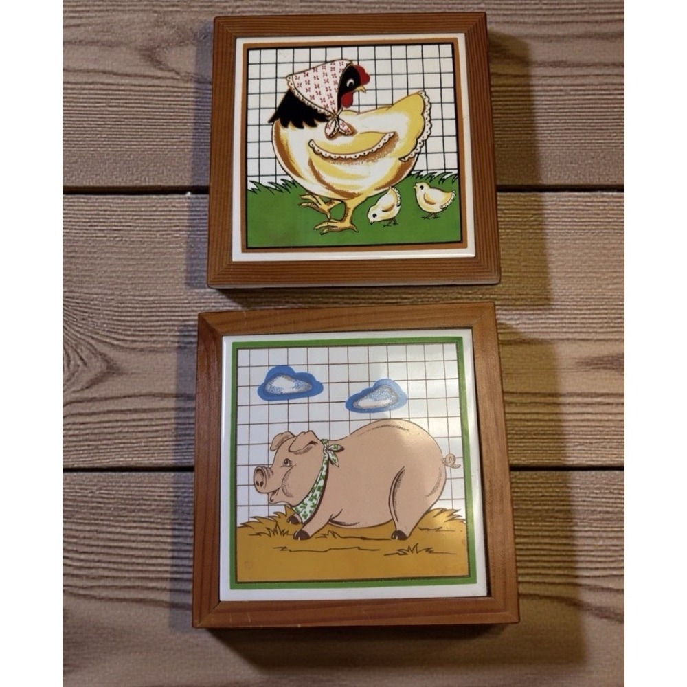 Ceramic Hen & Pig Wall Art Set 7x7 Farmhouse‎ Country Kitchen Vintage